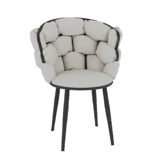 3D model of a puffy, cloud-like armchair with light-colored cushions and dark metal legs, set against a black background.