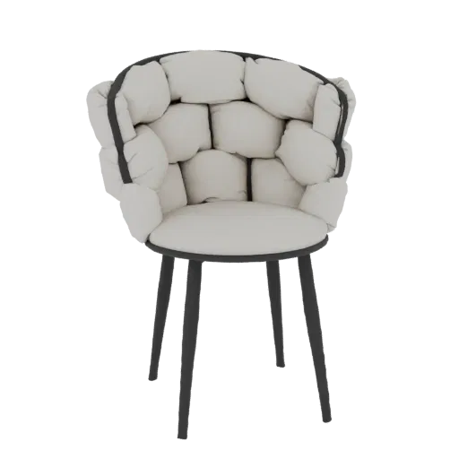 3D model of a puffy, cloud-like armchair with light-colored cushions and dark metal legs, set against a black background.