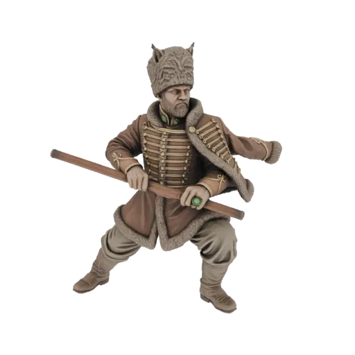 Render del modello 3D di un guerriero cosacco con cappotto e cappello marrone foderato di pelliccia, che impugna un bastone f