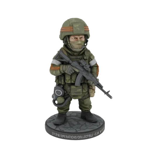 3D model of a Russian Special Operations soldier standing with an assault rifle and gas mask, on a cobblestone base.