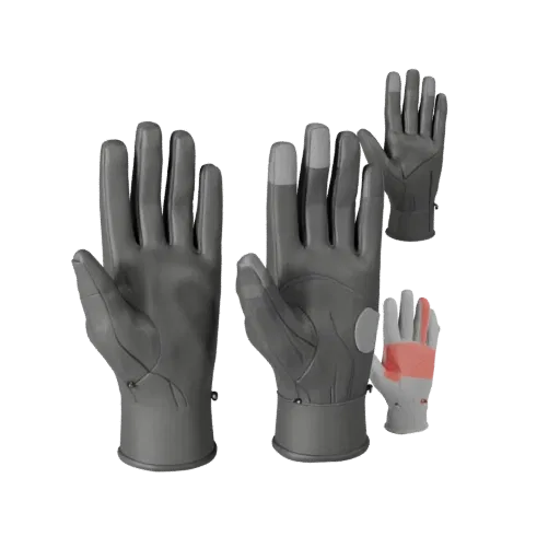 Gloves 3D model, three-quarter front view, AR viewer studio render, showing metal, small wearable silhouette.
