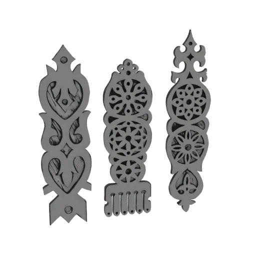 A 3D render of three ornate, carved wooden decorative panels with intricate geometric and floral patterns.