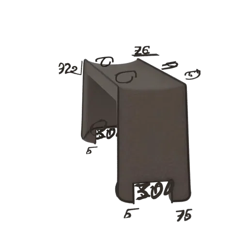 3D render of a U-shaped metal bracket with a dark metallic finish, showing dimensions.