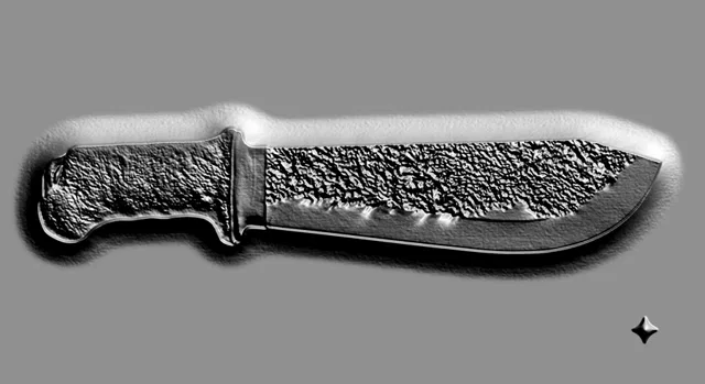 Modèle 3D de couteau en relief texture pierre, vue de côté, sur fond gris