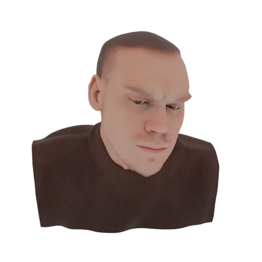3D model render of a grumpy man's bust with a brown knitted sweater, detailed facial features, and a stern expression.