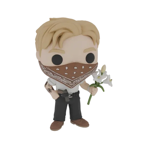 Modelo 3D de personaje estilo Funko Pop con cabello rubio, pañuelo marrón y flores blancas, con pistola en la cadera.
