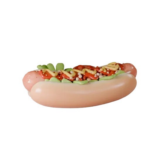 Hot Dog 3D model, three-quarter front view, Unity viewport, showing sauces, plated composition.