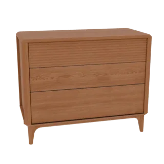 A 3D model of a mid-century modern dresser with three drawers and tapered wooden legs, rendered with realistic oak wood textu