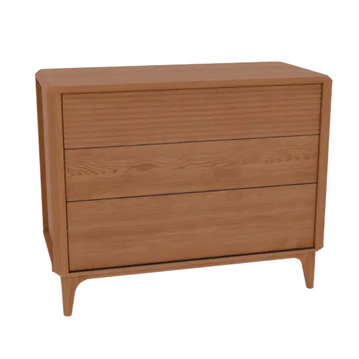 A 3D model of a mid-century modern dresser with three drawers and tapered wooden legs, rendered with realistic oak wood textu