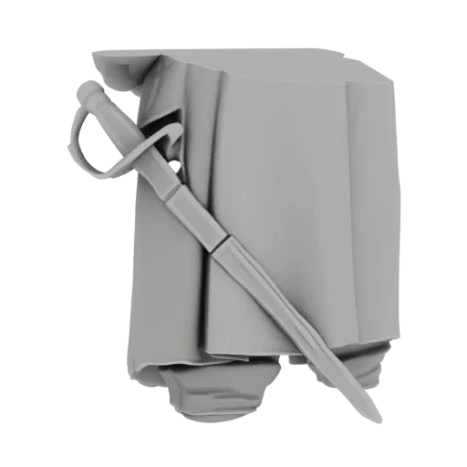 3D model of a 19th-century saber with a curved blade and ornate hilt, resting in its scabbard.