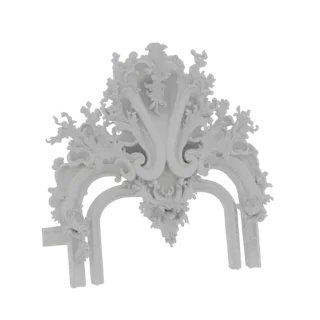 Modello 3D di una cornice camino rococò ornata con intricati motivi a volute e dettagli floreali, renderizzato in bianco.