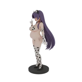 Modèle 3D d'une fille anime enceinte en costume de vache, posant de manière ludique avec des cheveux violets et un bikini et