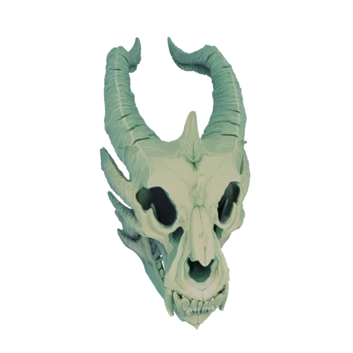Un modèle 3D détaillé d'un crâne de dragon avec de grandes cornes courbées, rendu dans une texture pâle semblable à de l'os s