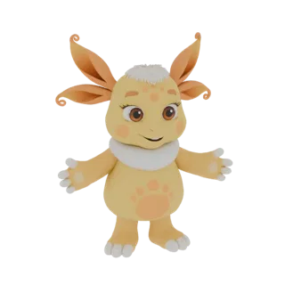 Ein 3D-Rendering eines süßen, gelben, cartoonartigen Monsters mit großen orangen Ohren, braunen Augen und einem freundlichen
