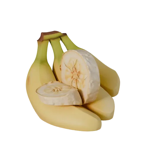 Sliced Banana Bunch Realistic 3D model, three-quarter studio render, showing skin pores, recognizable fruit forms.