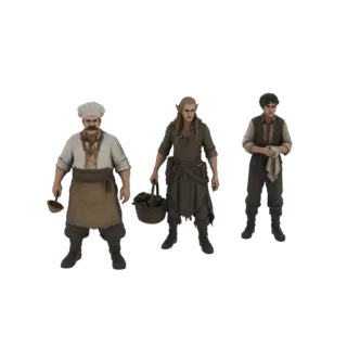 3D-Modell von mittelalterlichem Tavernenpersonal, einschließlich eines Kochs, einer Elfe mit Korb und eines Kellners.