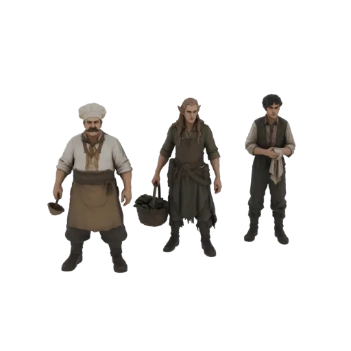 Modelo 3D de personal de taberna medieval, incluyendo un chef, un elfo con una cesta y un camarero.