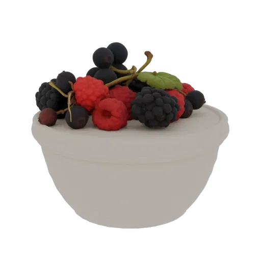 A 3D render of a white bowl filled with a variety of fresh berries, including raspberries, blackberries, and blueberries.