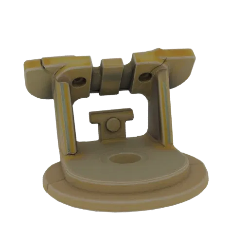 Una renderización 3D de un antiguo altar de piedra con base circular, escalones y pilares tallados, sobre un fondo negro.