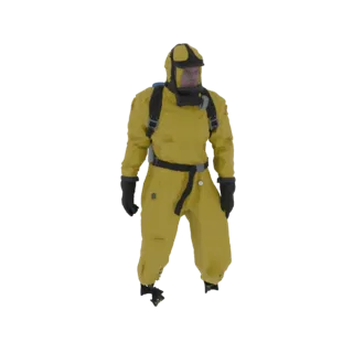 Modelo 3D de persona con traje hazmat amarillo completo y mochila, de pie sobre fondo blanco.