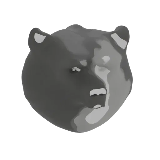 A 3D model of a bear's head with a distinct split-tone grayscale design, presented on a white background.