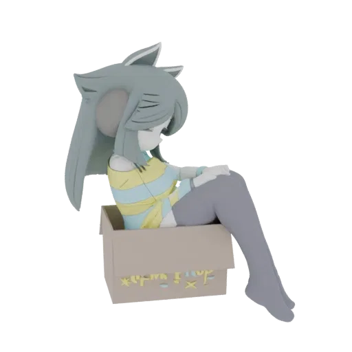3D render of a cute anime cat girl with grey hair and ears, wearing a striped shirt and grey socks, sitting inside a decorate