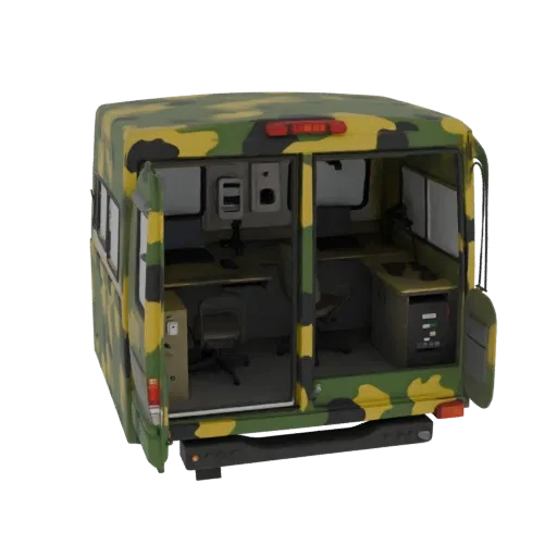 3D model of a camouflage van equipped as a mobile command post, rear view with doors open.