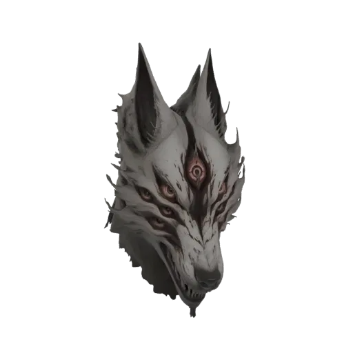 A 3D model render of a white wolf mask with multiple glowing pink eyes and dark markings, set against a white background.