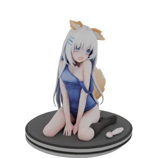 3D-Modell eines niedlichen Anime-Fuchs-Mädchens mit weißen Haaren und blauen Augen, im blauen Badeanzug, kniend auf einem gra