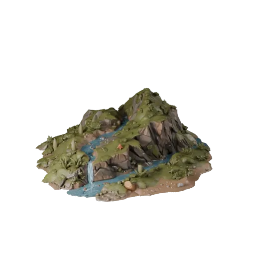 Mountain Stream Bed Unreal Engine 3D model, top-down viewport view, showing wet stone, water edges.