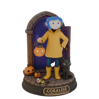 Modelo 3D de Coraline sosteniendo una linterna de calabaza, con un gato negro y calabazas sobre una base de diorama.