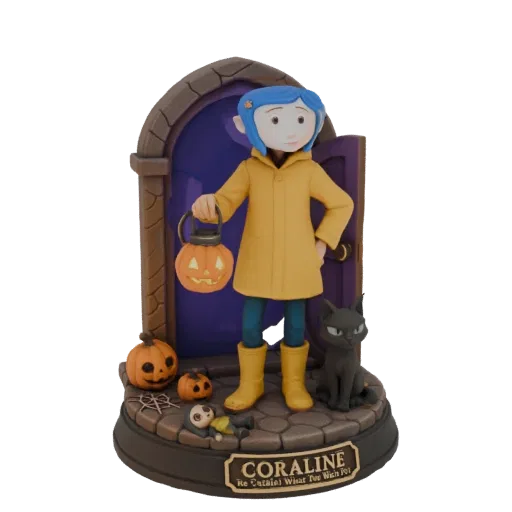 3D model of Coraline holding a jack-o'-lantern, with a black cat and pumpkins on a diorama base.