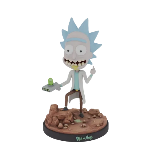 Modelo 3D de Rick Sanchez de Rick and Morty, adoptando una pose 'Wubba Lubba Dub Dub' con su pistola de portales sobre una ba