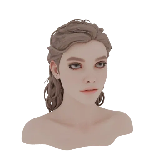 3D model of a female head with a detailed fantasy hairstyle, expressive eyes, and lips.