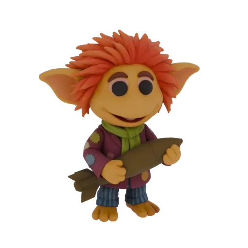 3D model of a claymation goblin character with orange hair, wearing a patchwork jacket and holding a rocket.