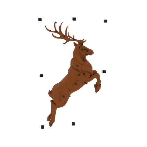 A 3D model of a brown stag leaping with antlers spread, set against a white background with black grid points.