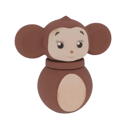 3D model of Cheburashka as a brown tumbler toy with large ears and a friendly face, set against a black background.