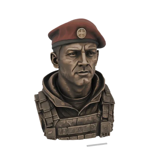 3D model of a bronze military bust wearing a red beret with an emblem and a tactical vest, against a white background.