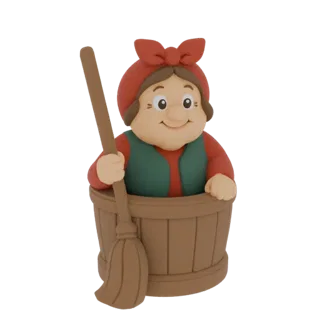 Modèle 3D d'une vieille femme caricaturale avec un foulard rouge et un gilet vert, tenant un balai et sortant d'un tonneau en