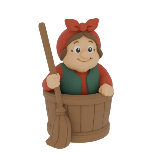 3D model of a cartoonish old woman with a red headscarf and green vest, holding a broom and peeking out of a wooden barrel.