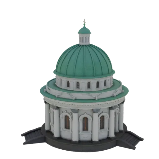 3D model of a rotunda with a green dome and white columns, standing on a pedestal with stairs.