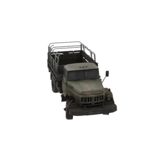 3D-Modell eines Vintage olivgrünen Militär-LKWs mit offener Ladefläche, von vorne im Dreiviertelblick.