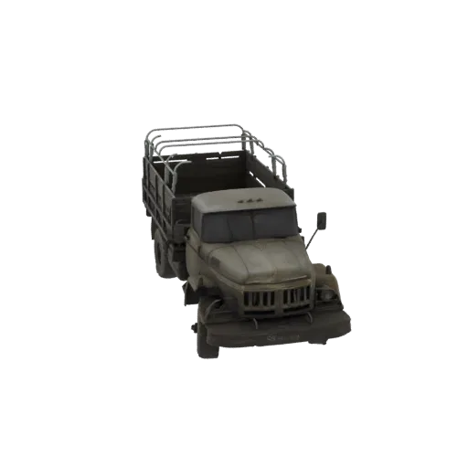 Modèle 3D d'un camion militaire vintage vert olive avec une benne ouverte, vu sous un angle avant de trois quarts.