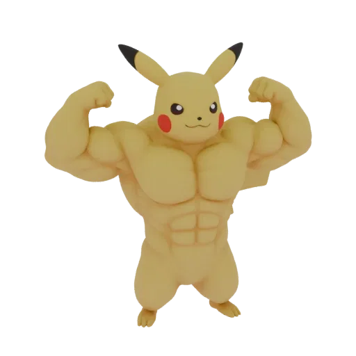 3D model of a muscular Pikachu flexing its arms, showing off its defined abs and biceps against a black background.