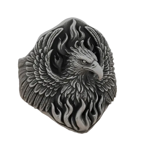 3D model of a ring featuring a detailed phoenix with outstretched, fiery wings, set against a black background.