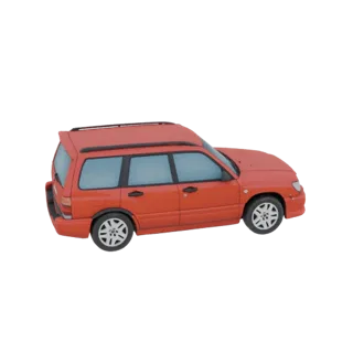 3D-Modell eines roten Subaru Forester SUV, von der Dreiviertel-Seitenansicht vor weißem Hintergrund.