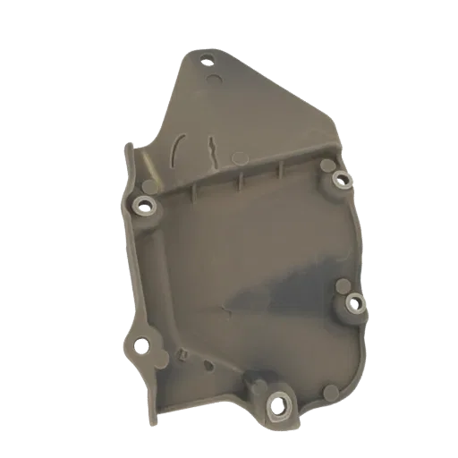 3D model of a gray automotive engine cover bracket with mounting holes and structural details.