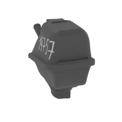 3D model of a gray plastic coolant reservoir with the number 14757 marked in white on its side, set against a black backgroun