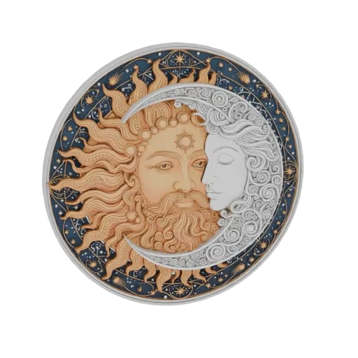 3D model of the Sun and Moon in a celestial embrace, with the Sun's face on the left and the Moon's profile on the right, set