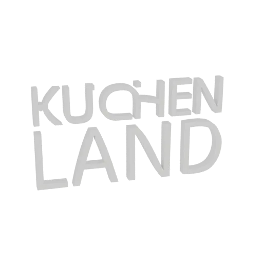 3D model of the 'Kuchen Land' text logo, featuring bold, raised letters in a light grey color against a black background.